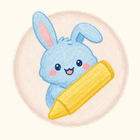 Our mascot: a blue crayon-drawn bunny with one floppy ear, hugging a big yellow crayon.